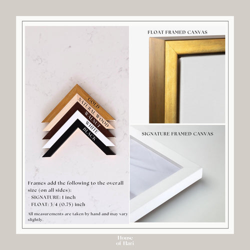 The image is a collage of various framed artworks and their corresponding frame colors, including black, white, oak, gold, and walnut.
