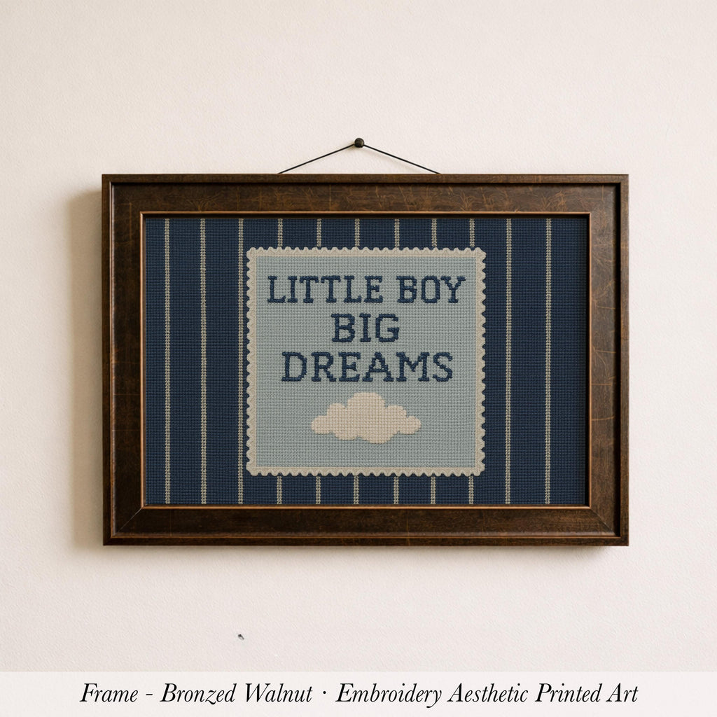 A framed embroidered art piece with the text "LITTLE BOY BIG DREAMS" on it, hanging on a wall.