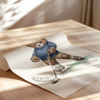 A teddy bear wearing a blue sweater and holding a hockey stick is depicted on a piece of paper.