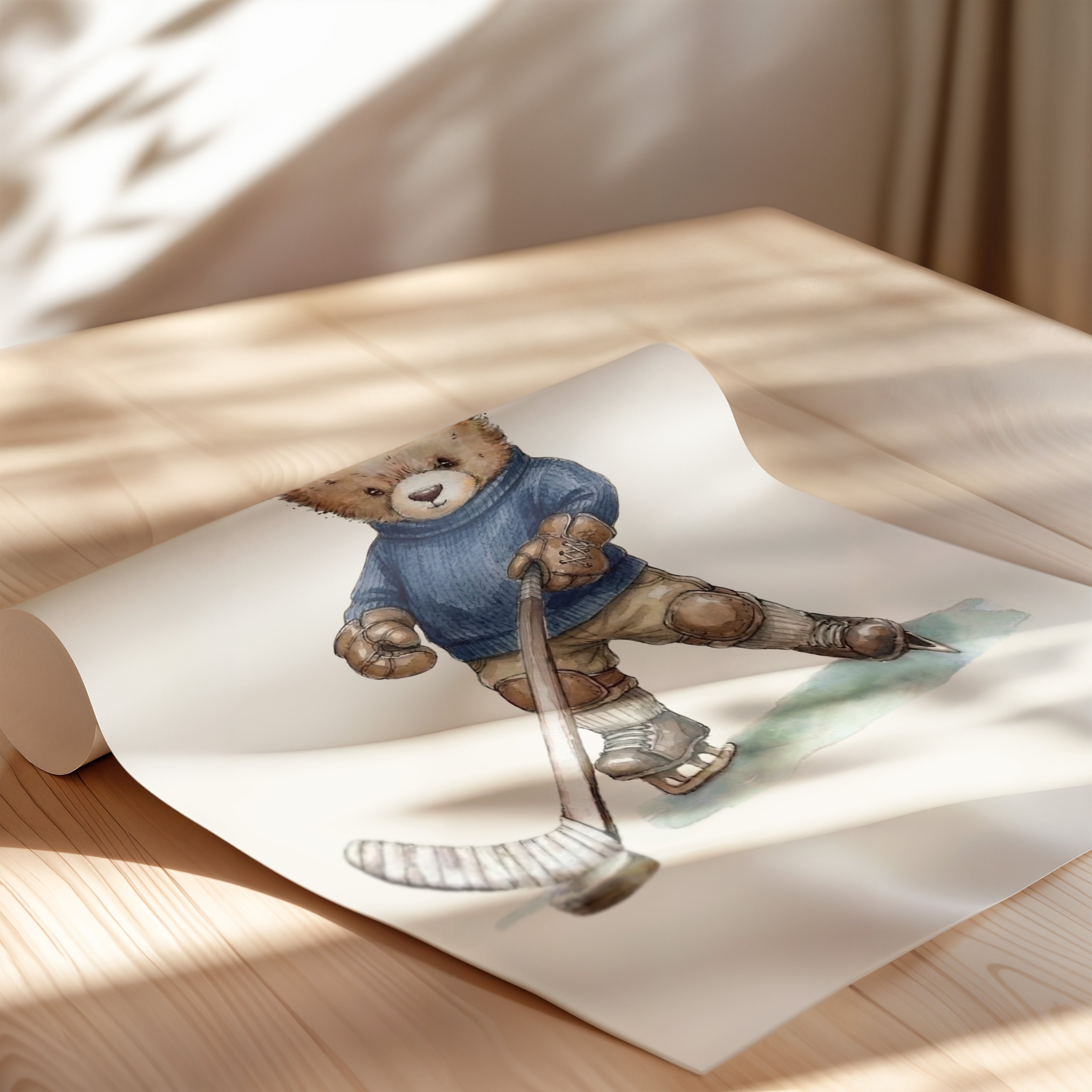 A teddy bear wearing a blue sweater and holding a hockey stick is depicted on a piece of paper.
