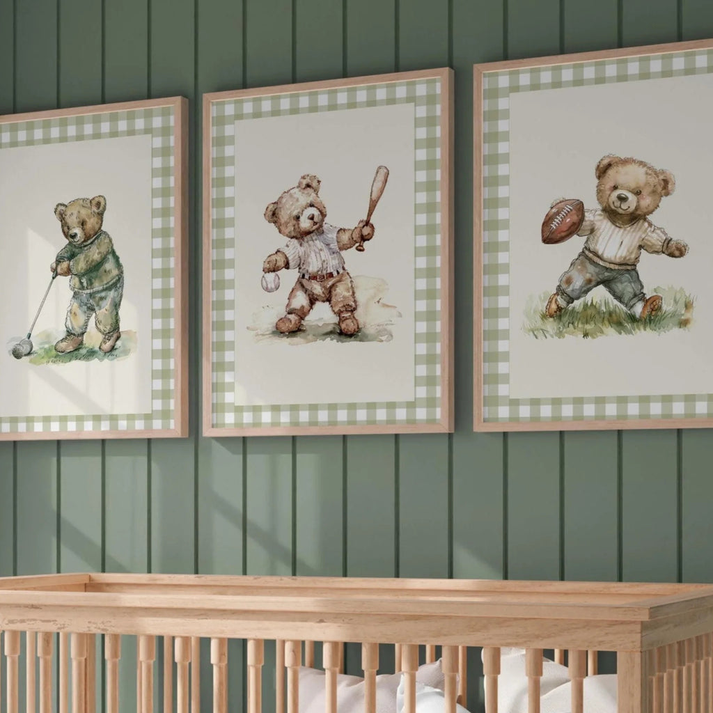 Vintage Gingham Teddy Bear Sports Set of 3 | 1850