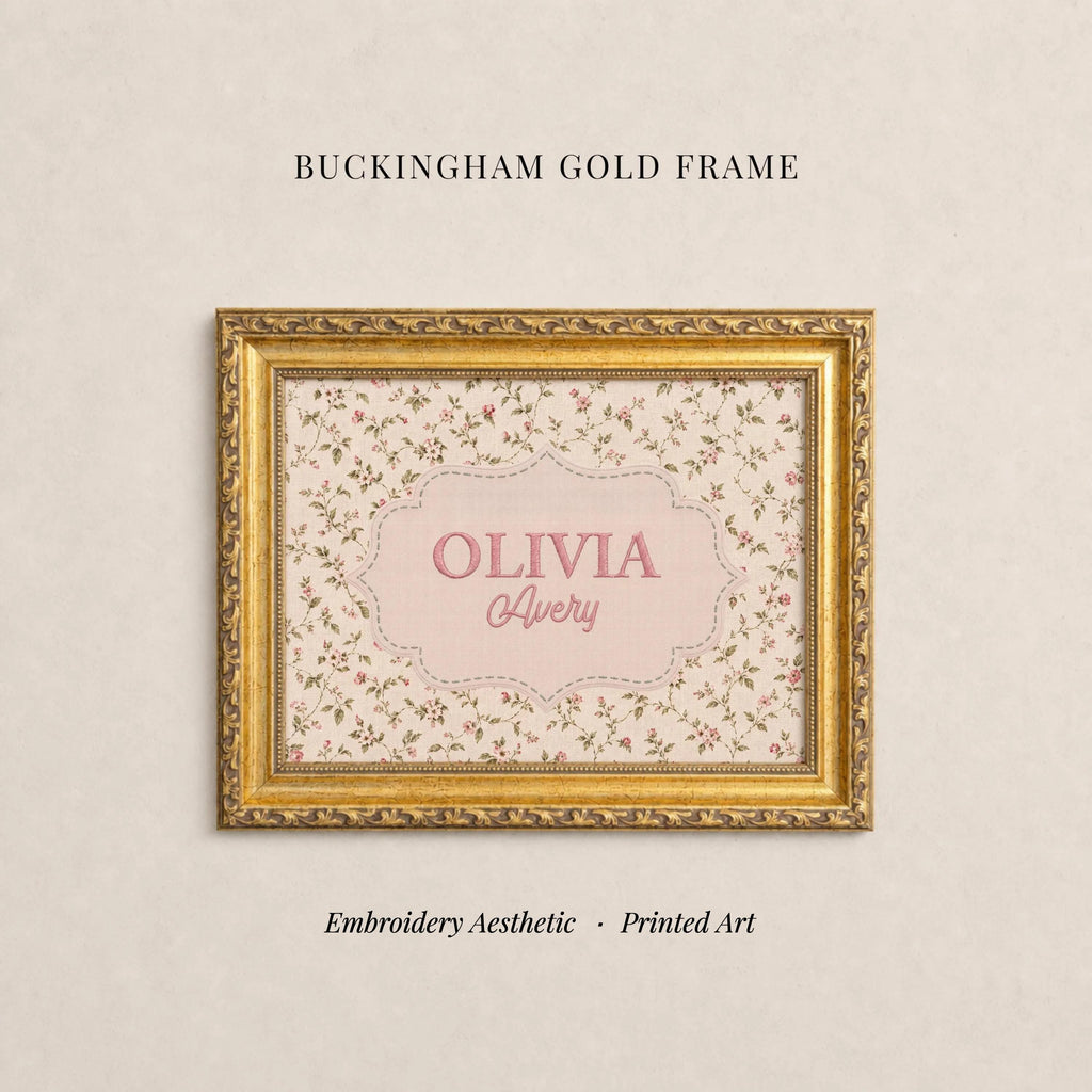 The image is a gold-framed embroidered picture of a person named Olivia, with the text "Buckingham Gold Frame" above it.