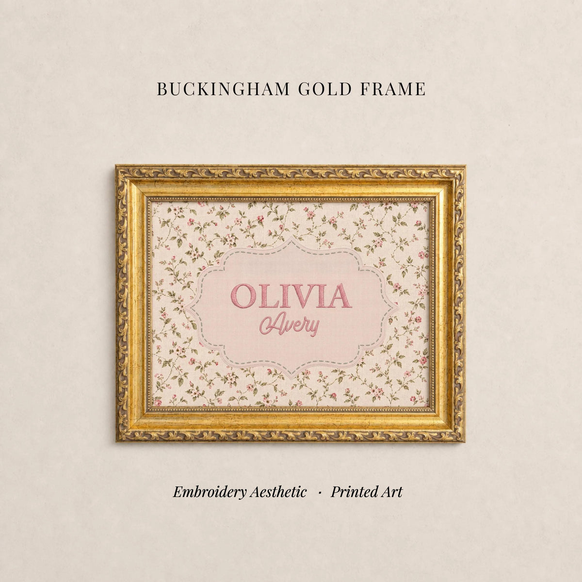 The image is a gold-framed embroidered picture of a person named Olivia, with the text "Buckingham Gold Frame" above it.