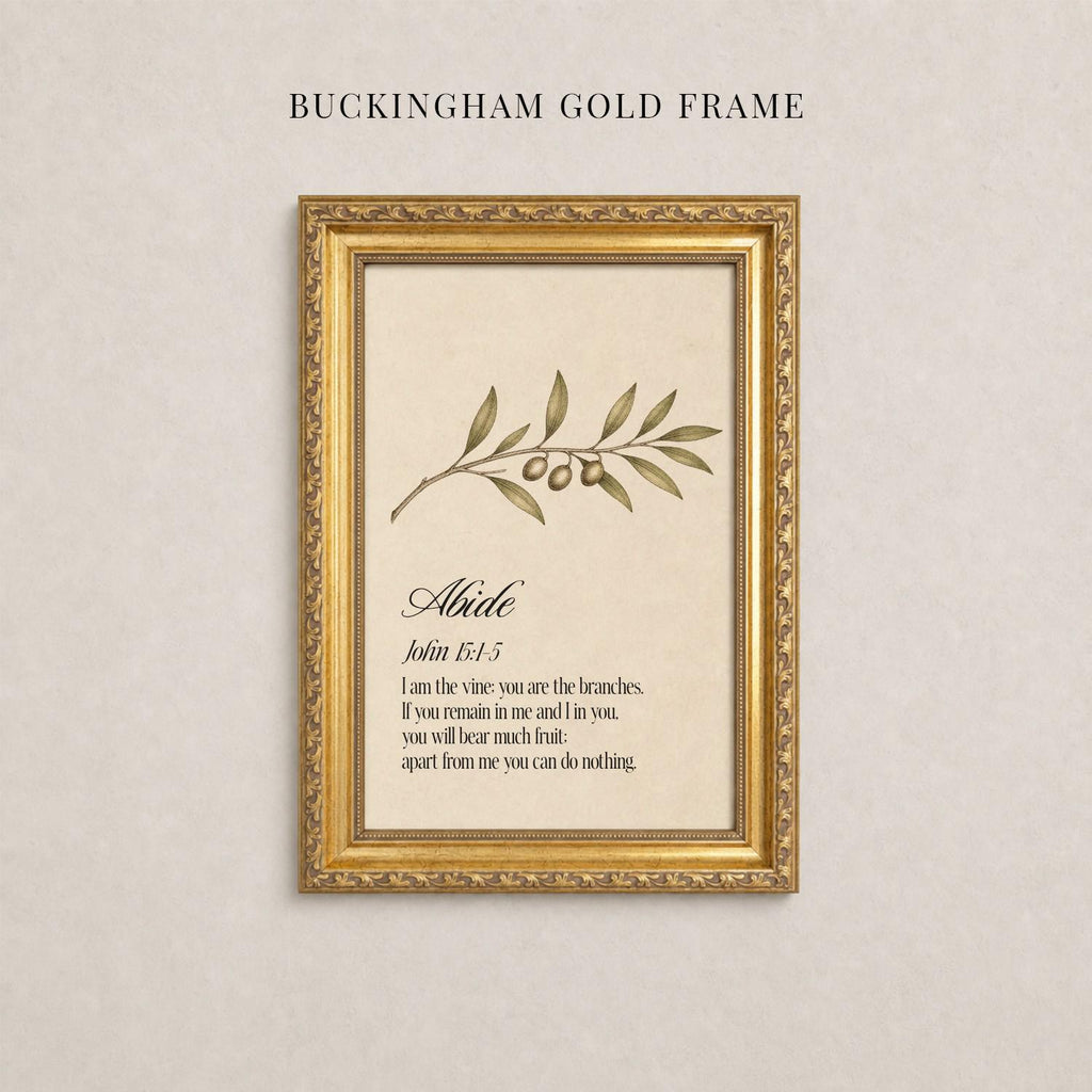 a gold-framed print of a biblical verse from the book of Albee, which is a branch of the olive tree.