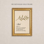a gold-framed print of a biblical verse from the book of Albee, which is a branch of the olive tree.