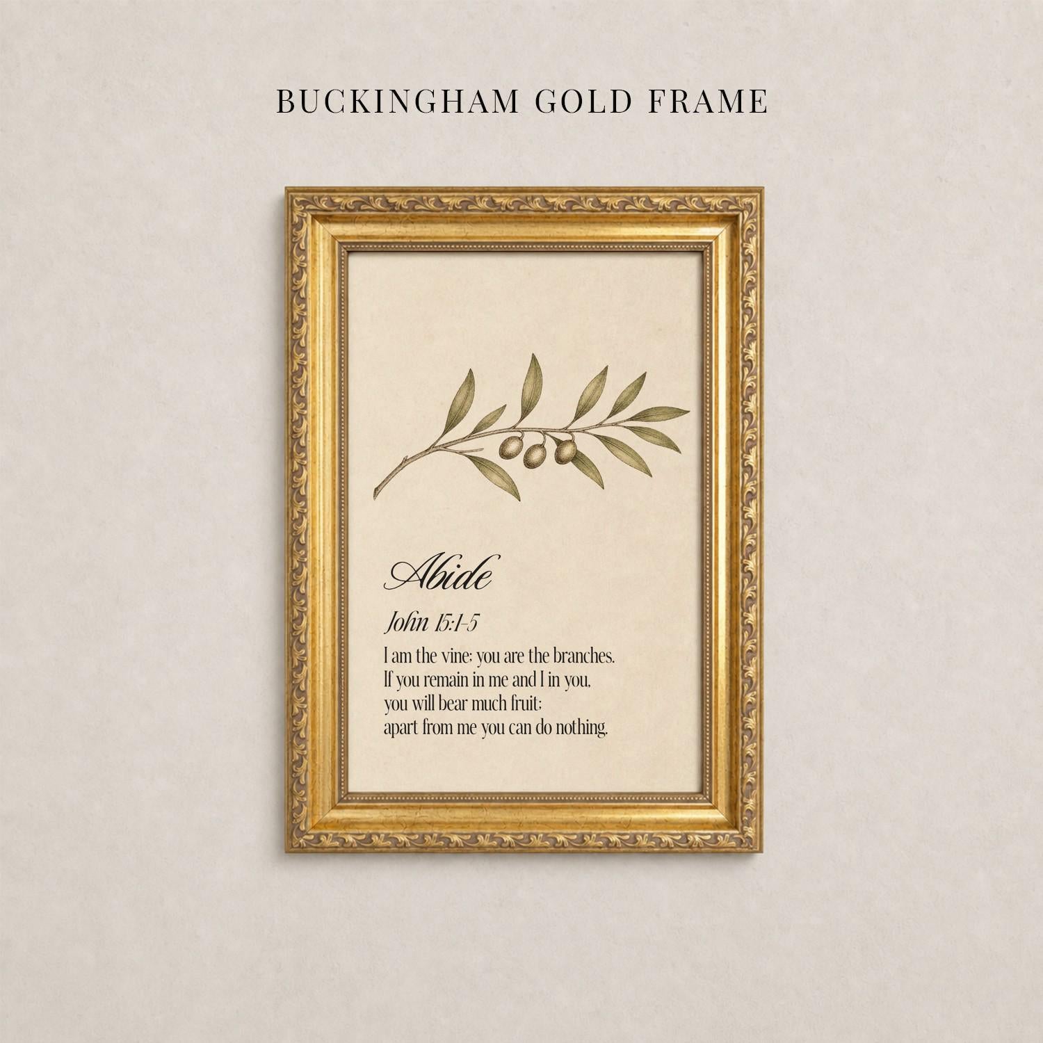 a gold-framed print of a biblical verse from the book of Albee, which is a branch of the olive tree.