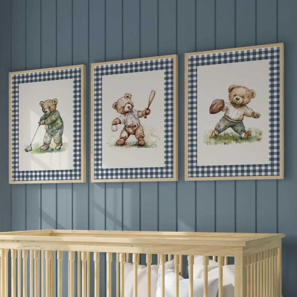 Teddy Bear Print Set of 3 in Navy Gingham | 1918
