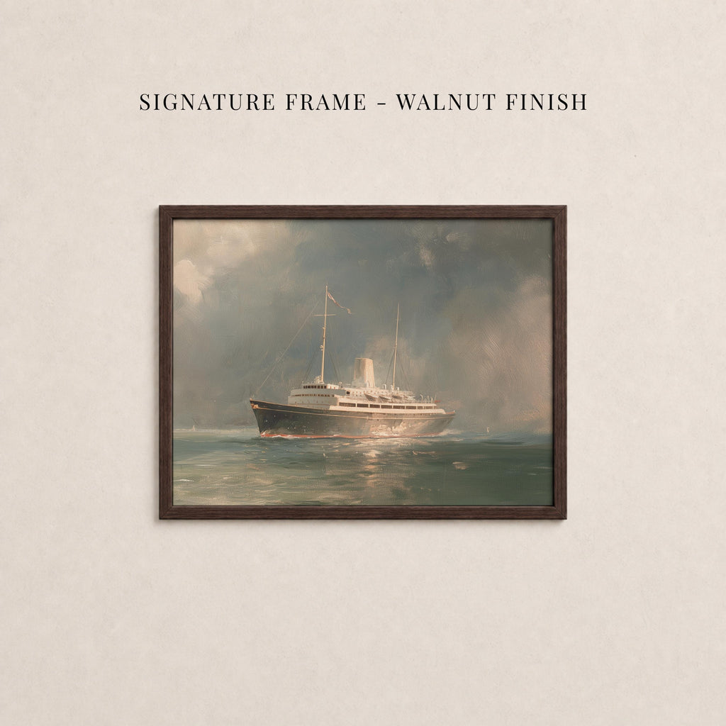 The image is a framed painting of a large ship sailing on the ocean, with a cloudy sky in the background.