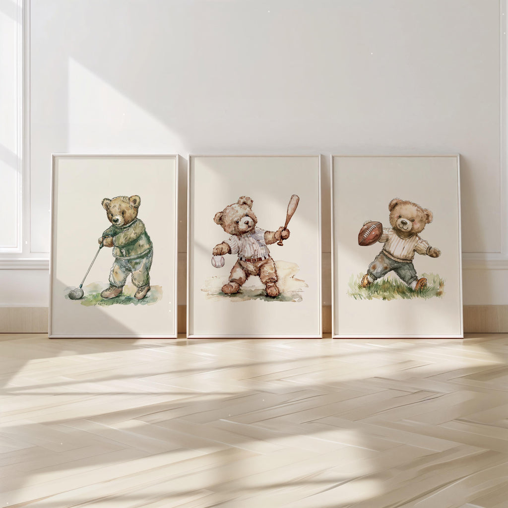 Sports Teddy Bears Print Set of 3 | Golf, Football, Baseball | 1232