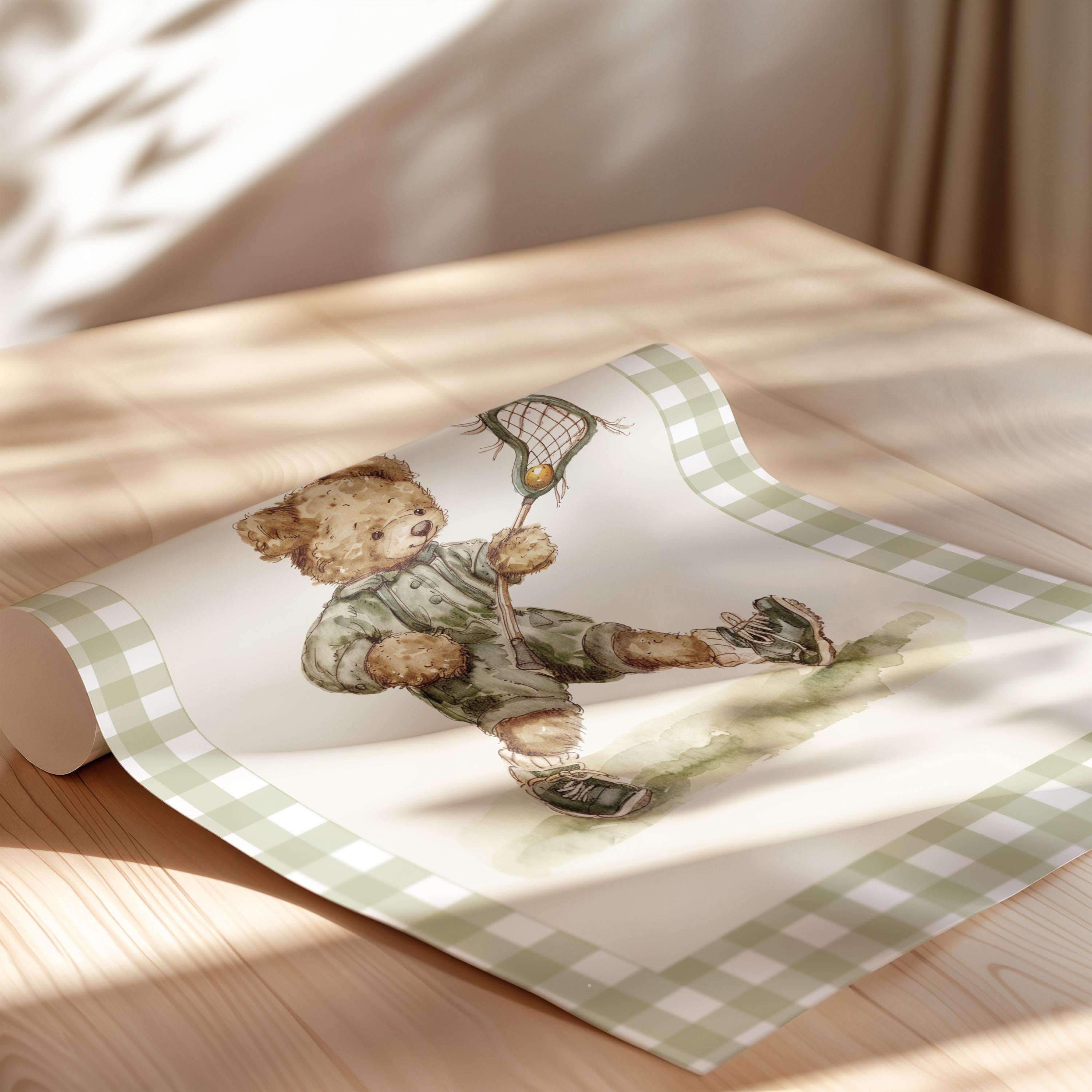 Vintage Lacrosse Teddy Bear Gingham Wall Art, Adorable Bear in Lacrosse Uniform, Decor for Kids Room, Nursery, Gift for Sports Fans, Green