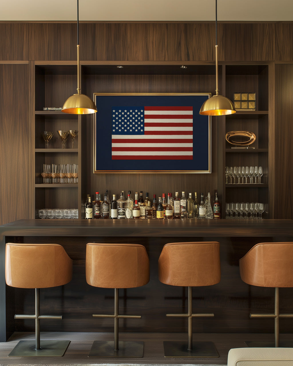 a bar area with a large American flag displayed on the wall above the bar counter. The bar counter is lined with various bottles of liquor, and there are four leather bar stools in front of it. The overall setting appears to be a modern and stylish bar environment.