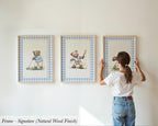 A woman is hanging three framed pictures on a wall, each depicting a teddy bear in different poses.