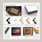 The image is a comparison of framed prints and flat-framed canvases, featuring different frame styles and their corresponding sizes.