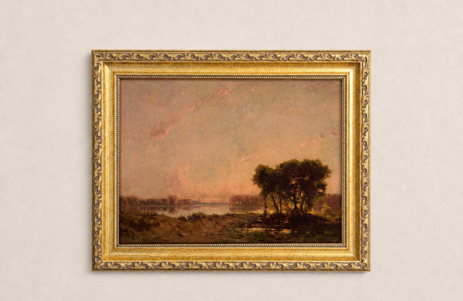 Vintage Framed Gold Riverbank Landscape Wall Art Print