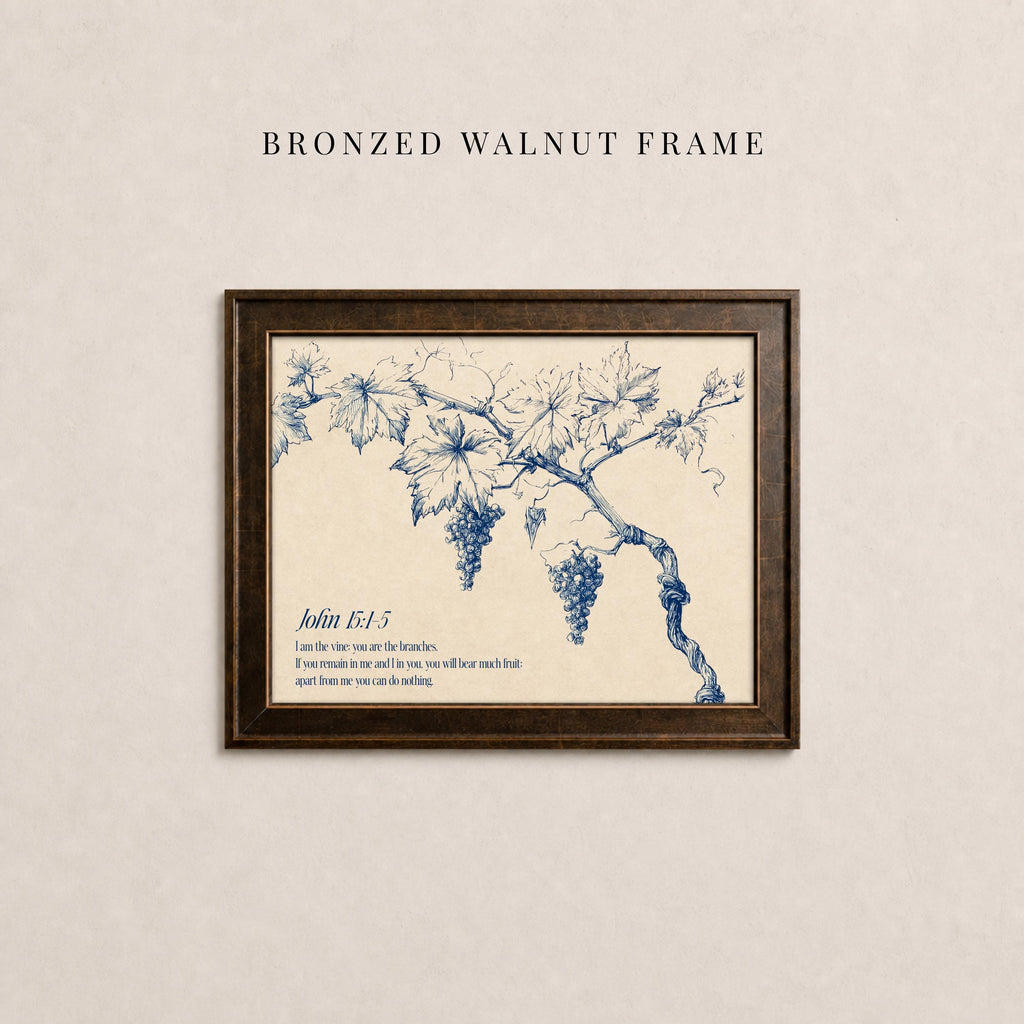 The image is a framed print of a blue and white illustration depicting a vine with grapes on a branch.