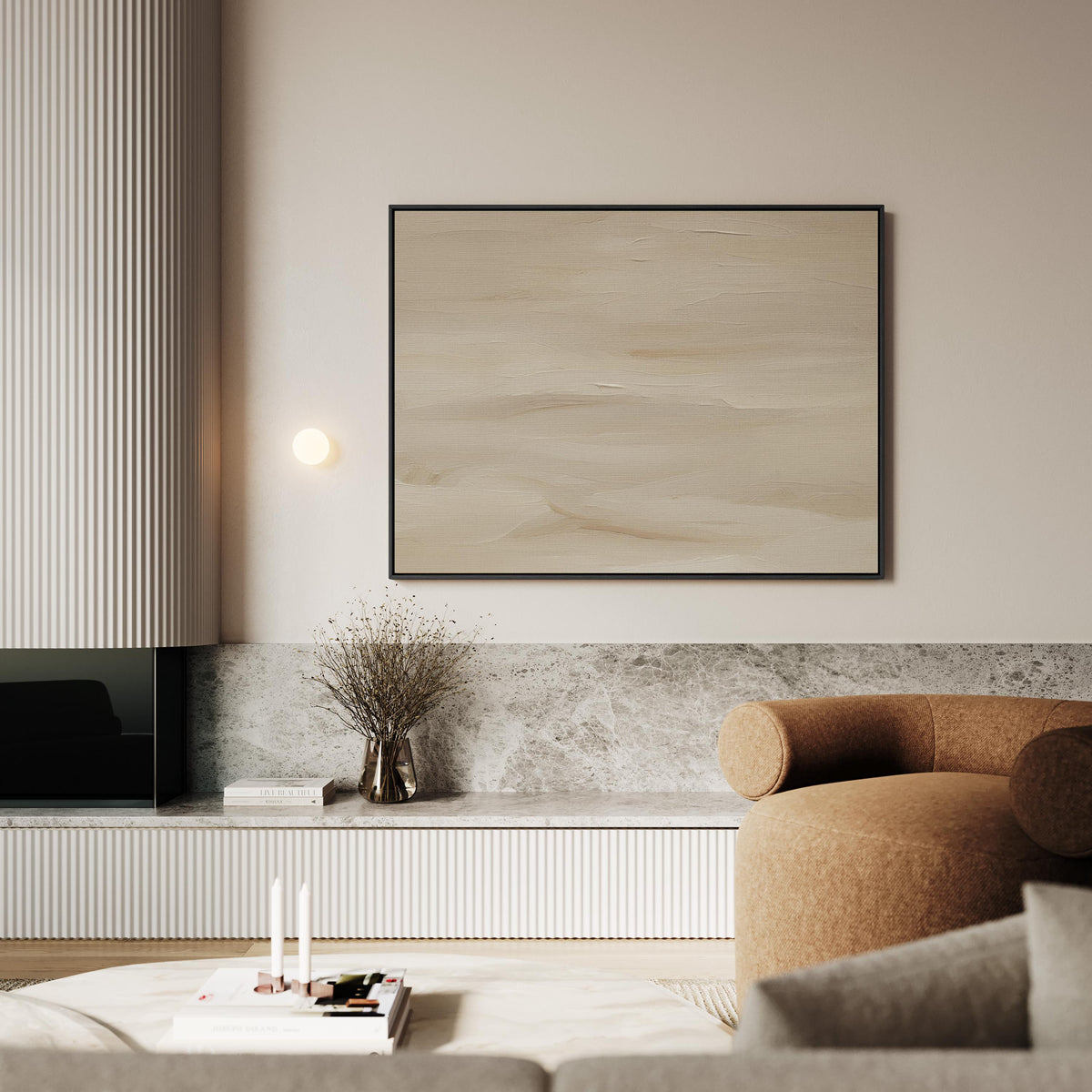 a modern living room with a large abstract painting on the wall, a brown sofa, a coffee table with candles, and a marble fireplace mantel.