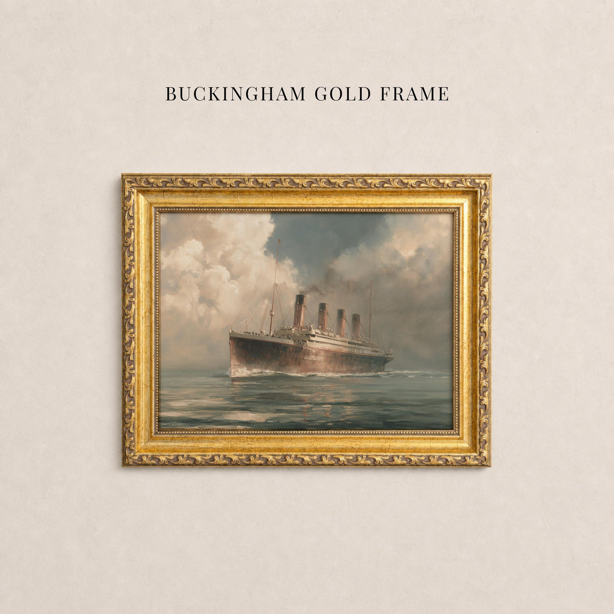 A painting of a large ship, possibly a cruise ship, sailing on the ocean with a cloudy sky in the background.