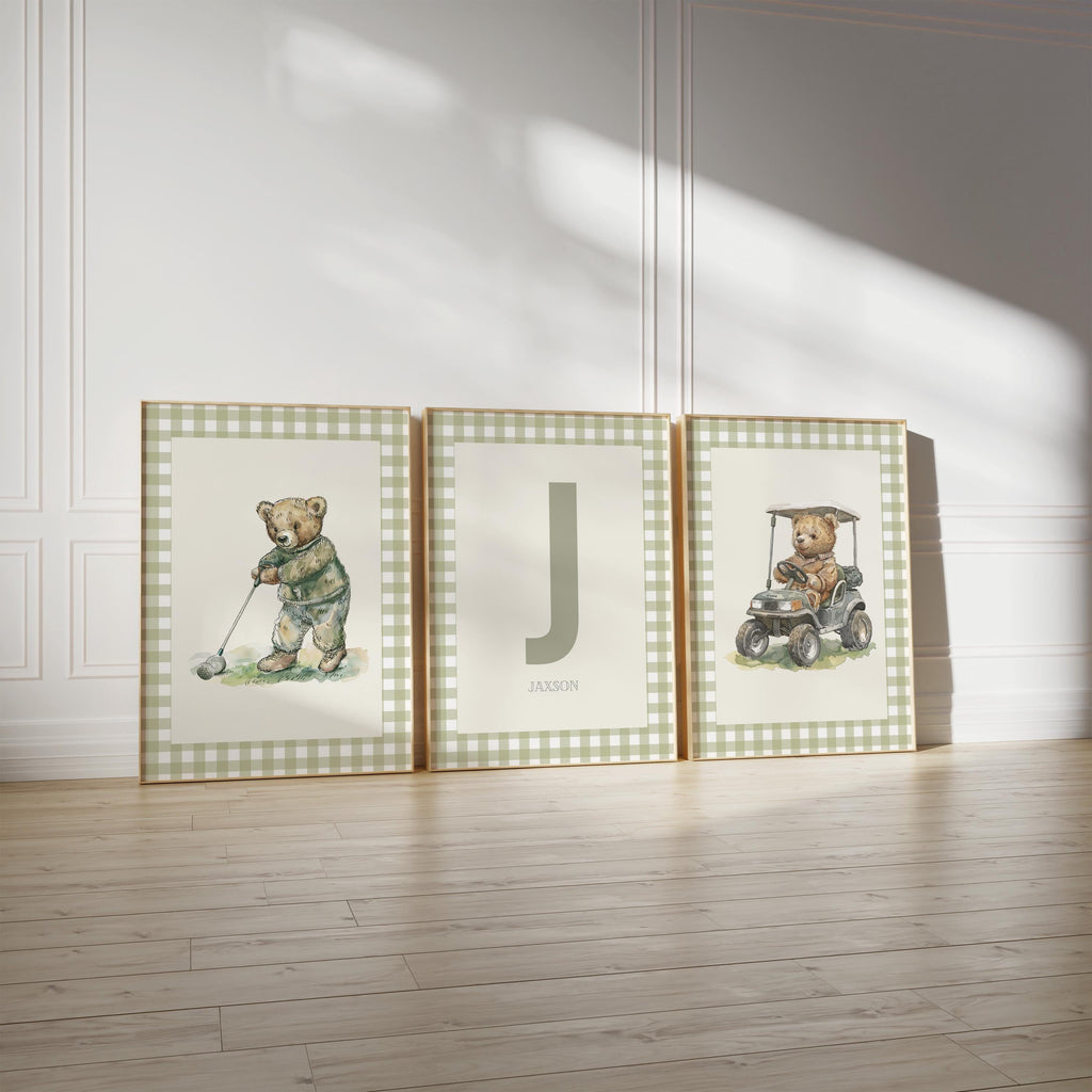three framed pictures of teddy bears, each depicting a different scene.