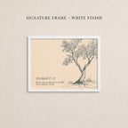 The image is a framed artwork depicting a tree with a signature frame.