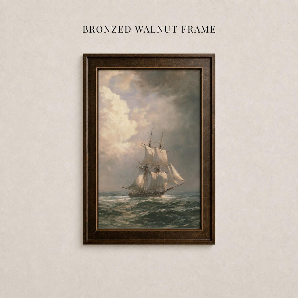 The image is a framed painting depicting a sailing ship on the ocean, with a cloudy sky in the background.