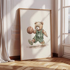 Vintage Basketball Teddy Bear Wall Art, Adorable Bear in Basketball Uniform, Nostalgic Decor for Kids Room, Nursery, Gift for Sports Fans