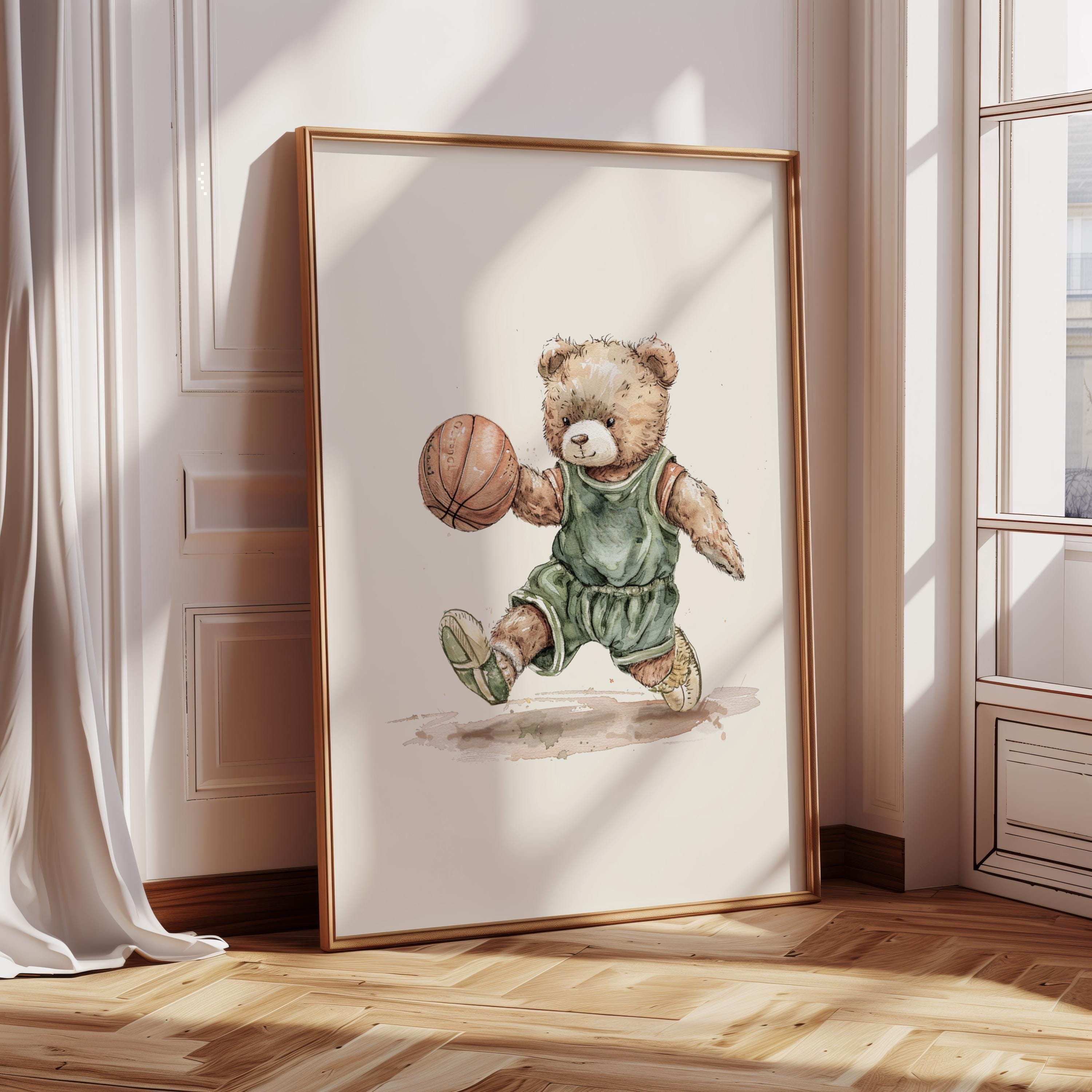 Vintage Basketball Teddy Bear Wall Art, Adorable Bear in Basketball Uniform, Nostalgic Decor for Kids Room, Nursery, Gift for Sports Fans