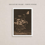 The image is a framed photograph of a flower arrangement with a butterfly in flight.