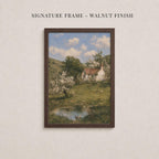 The image is a framed painting depicting a rural landscape with a small white house, a pond, and trees with white flowers.