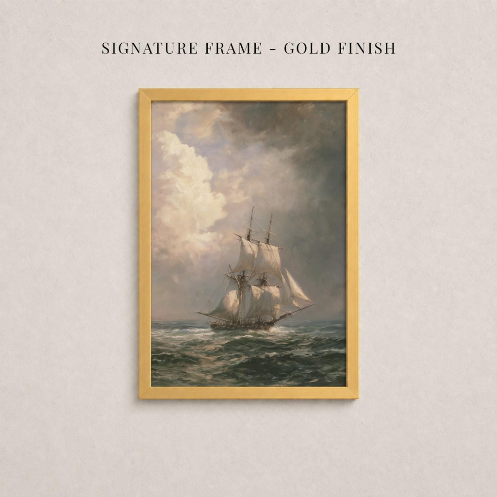 The image is a framed painting depicting a sailing ship on the ocean, with a cloudy sky in the background.