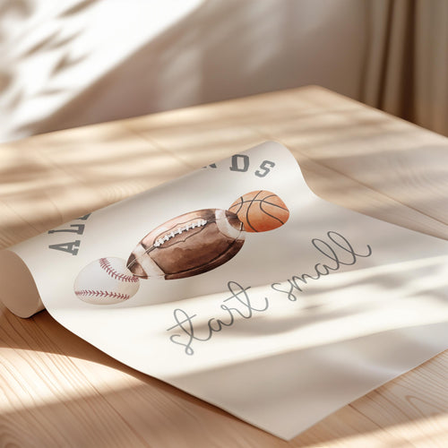 All Legends Start Small Vintage Sport nursery wall art decor boy baby room watercolor football baseball basketball, Digital Printed Framed