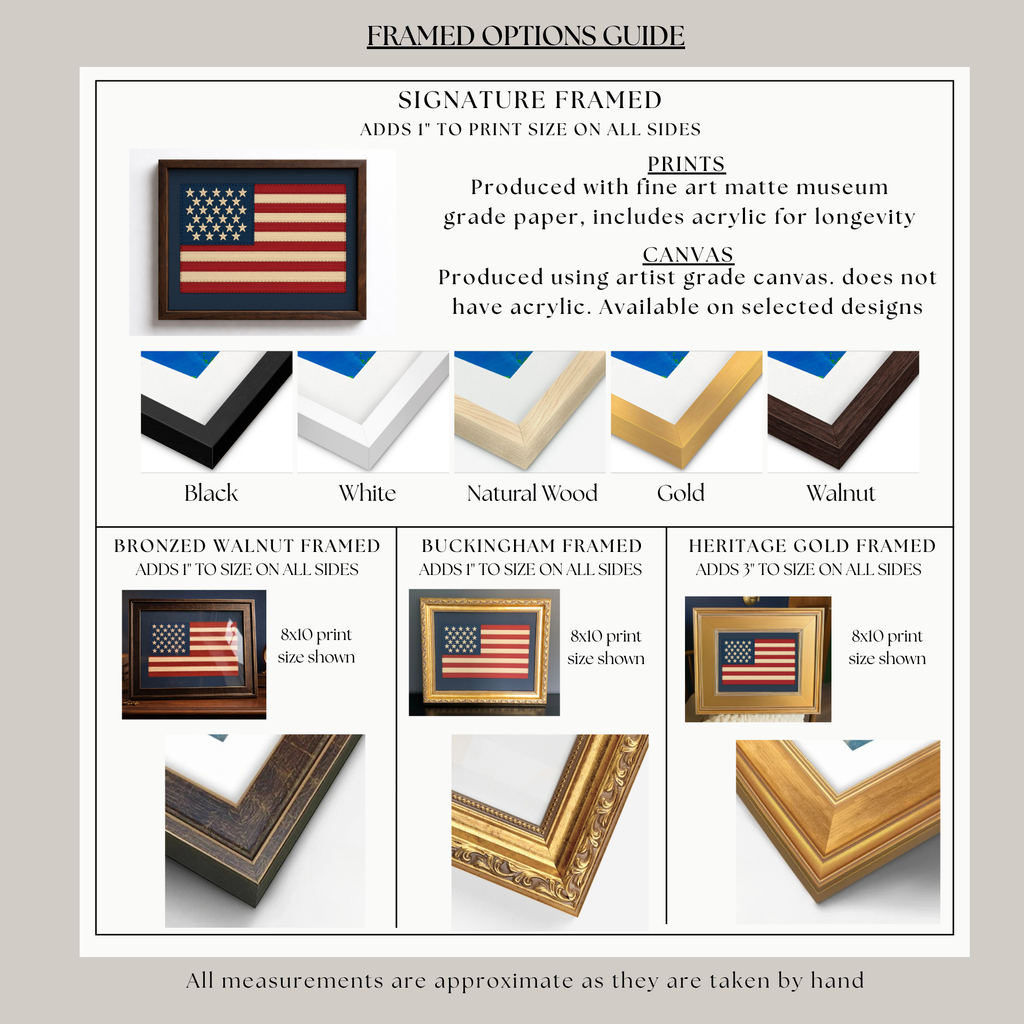 The image is a framed options guide that provides information about different framed options for prints, including the materials used and the sizes available.