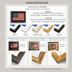The image is a framed options guide that provides information about different framed options for prints, including the materials used and the sizes available.