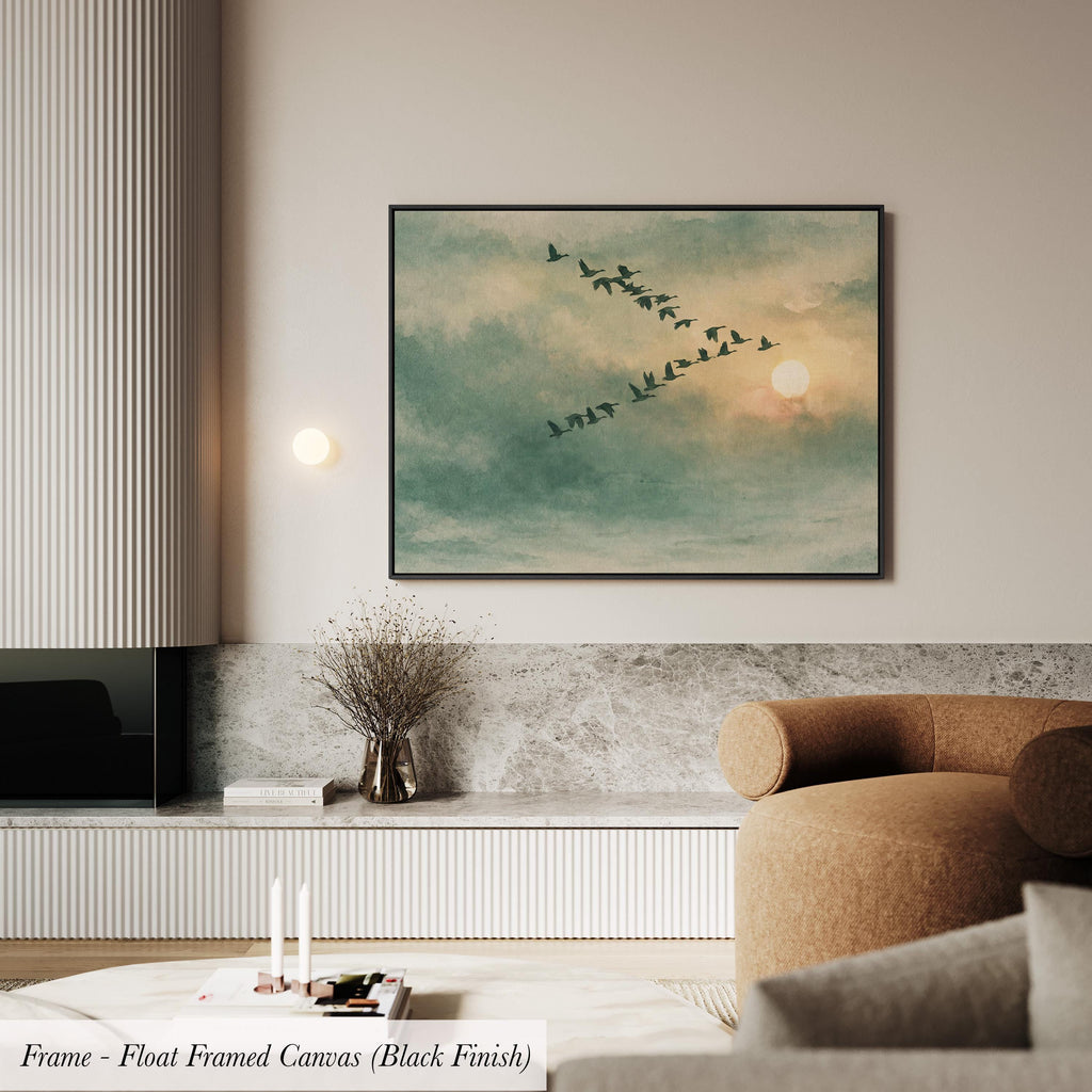 Framed Sage Green Japandi Flying Birds Canvas Wall Art Print | 2224
