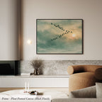 Framed Sage Green Japandi Flying Birds Canvas Wall Art Print | 2224