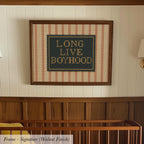 A framed cross-stitch design with the text "LONG LIVE BOYHOOD" on it, hanging on a wall above a wooden crib.