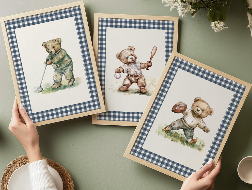 Teddy Bear Print Set of 3 in Navy Gingham | 1918