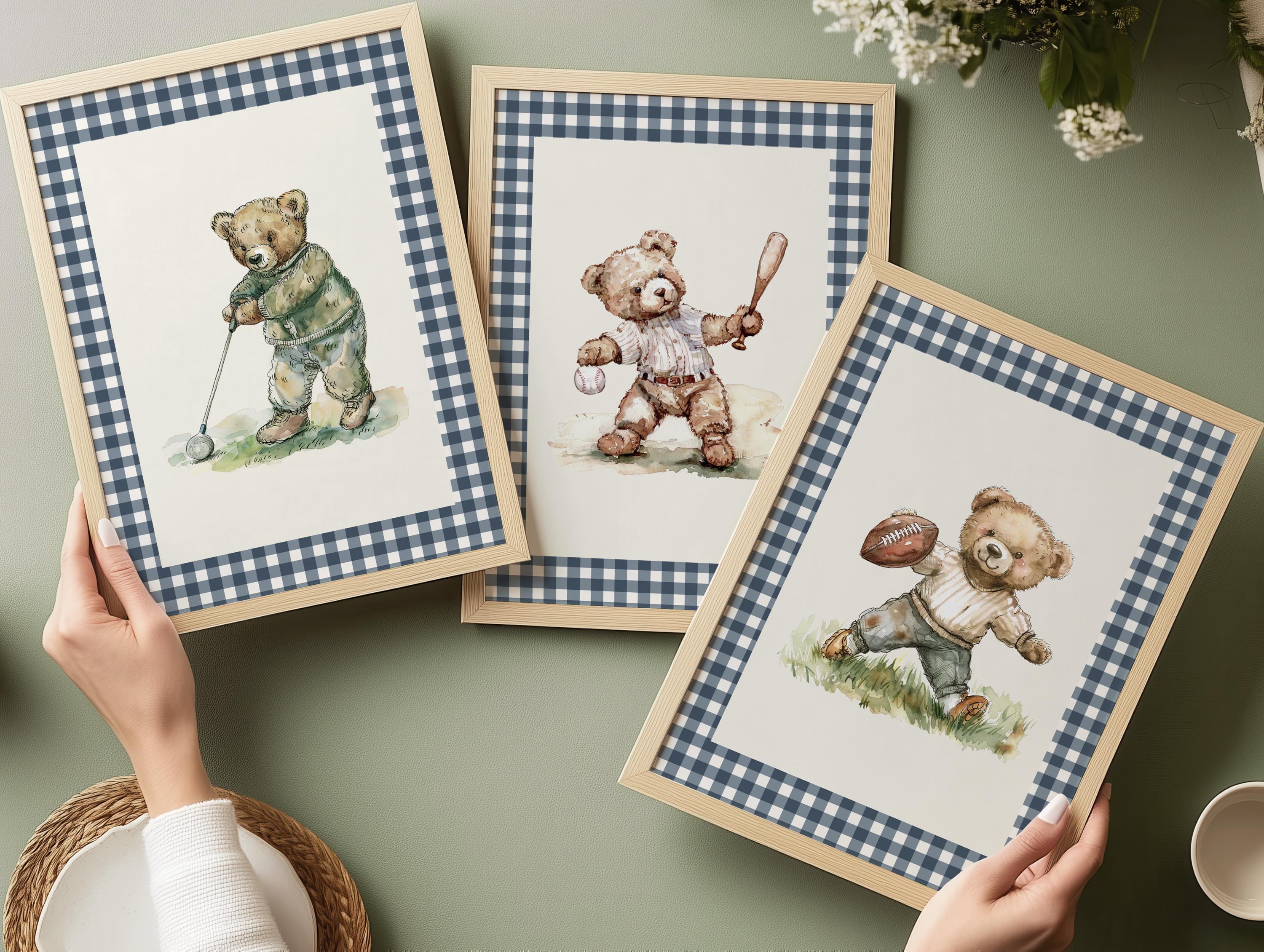 Teddy Bear Print Set of 3 in Navy Gingham | 1918