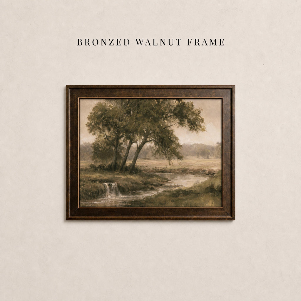 The image is a framed painting of a serene landscape with a tree and a stream, hanging on a wall.