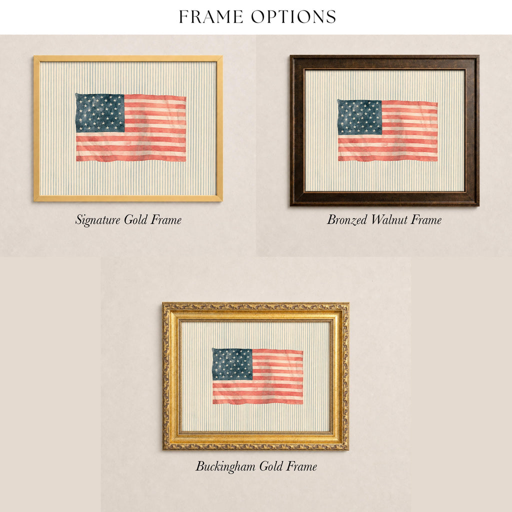 three different frame options for a picture of the American flag, each with a distinct frame style.