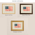 three different frame options for a picture of the American flag, each with a distinct frame style.