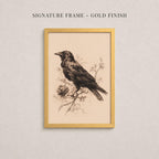 a framed illustration of a bird perched on a branch, with a rose in the background.