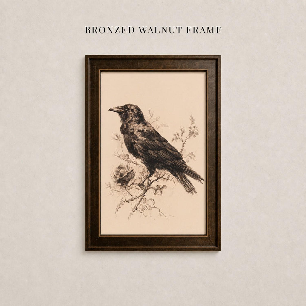 a framed illustration of a bird perched on a branch, with a text overlay that reads "BRONZED WALNUT FRAME".