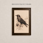 a framed illustration of a bird perched on a branch, with a text overlay that reads "BRONZED WALNUT FRAME".
