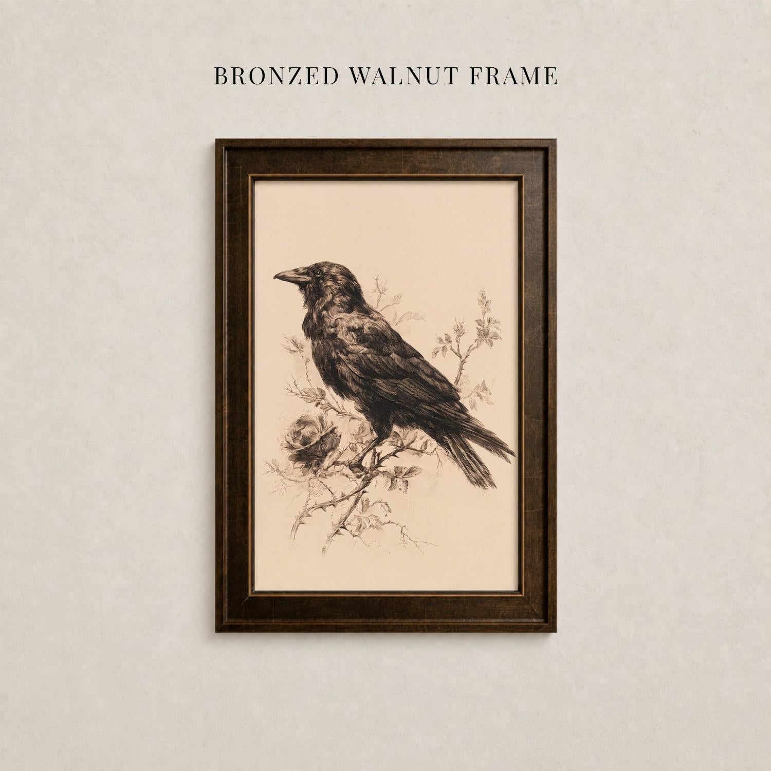 a framed illustration of a bird perched on a branch, with a text overlay that reads "BRONZED WALNUT FRAME".