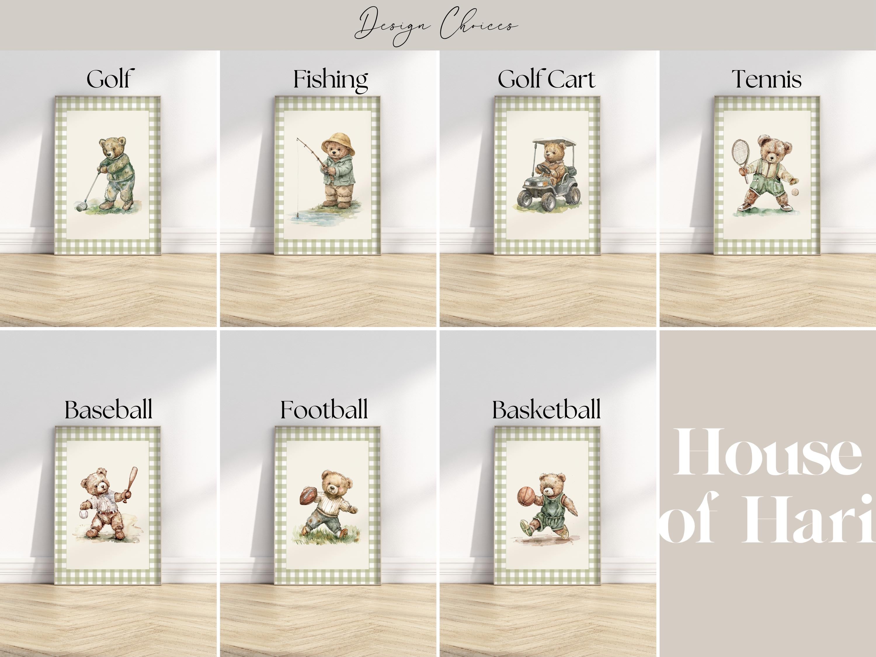 The image is a collage of eight framed illustrations of teddy bears engaged in various sports activities, including golf, fishing, golf cart, tennis, baseball, and football.
