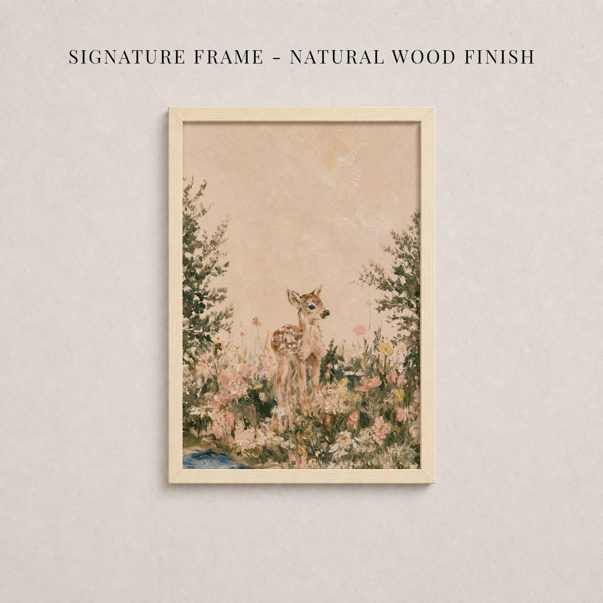 The image is a framed painting depicting a deer standing in a field of flowers.