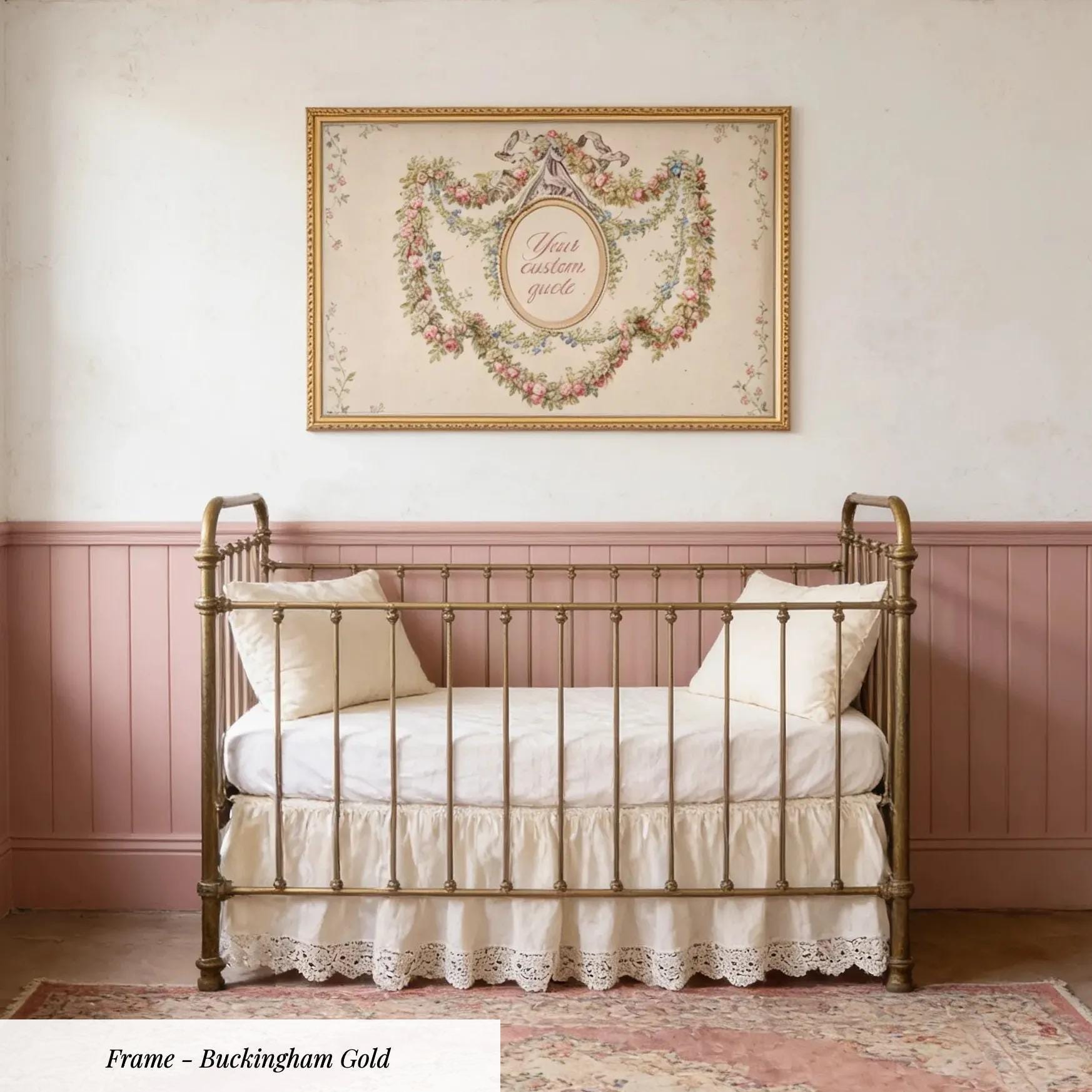 A vintage-style nursery room with a white crib, pink walls, and a large floral-patterned tapestry hanging above it.