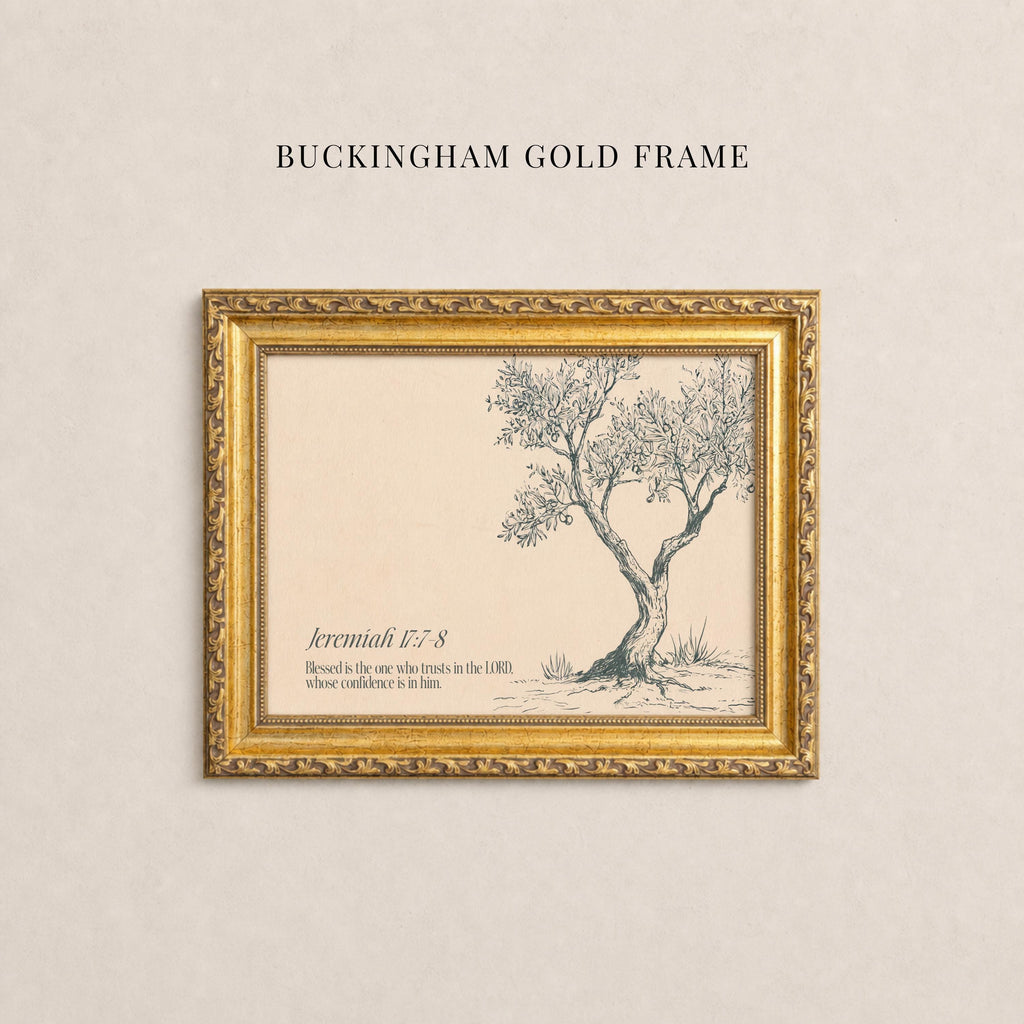 a gold-framed picture of a tree with a caption below it.