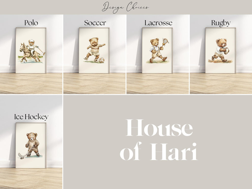 The image is a collage of six different illustrations of teddy bears playing various sports, including Polo, Soccer, Lacrosse, Rugby, Ice Hockey, and House of Hari.