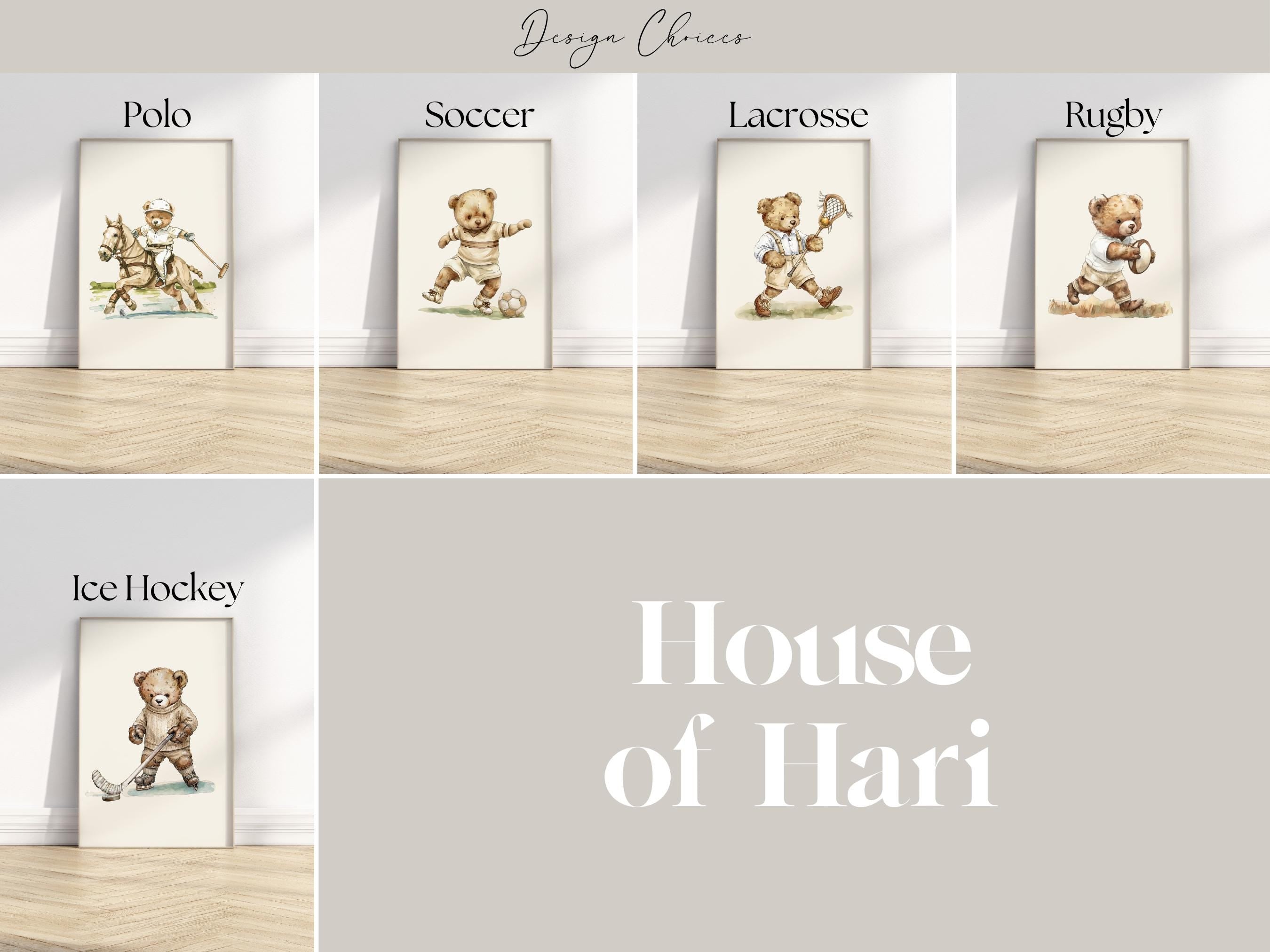 The image is a collage of six different illustrations of teddy bears playing various sports, including Polo, Soccer, Lacrosse, Rugby, Ice Hockey, and House of Hari.
